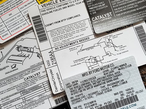 Replacement vin label, VIN Stickers, VECI emissions decals, Tire pressure replacement, VHRD diagram replacement, Replacement Vin Labels